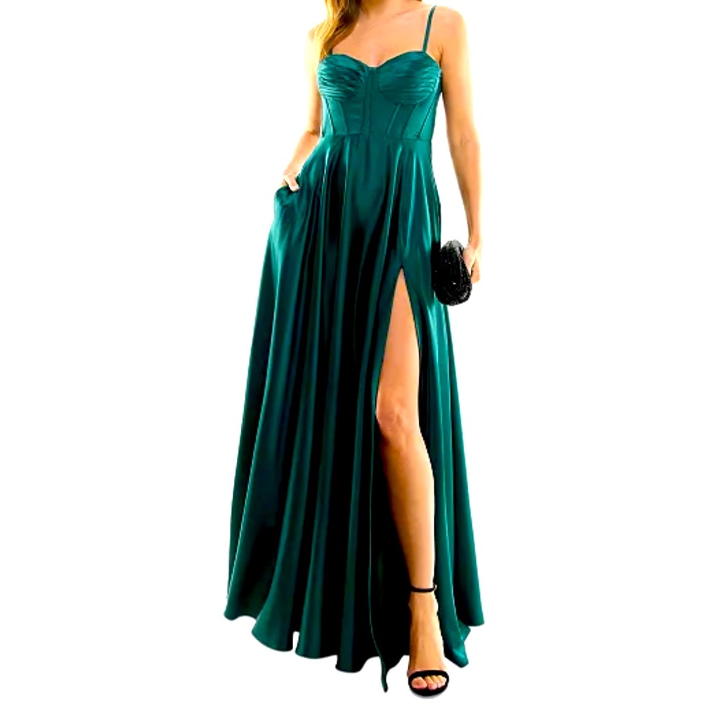 Green Pleated-Bodice High-Slit Evening Gown with POCKETS